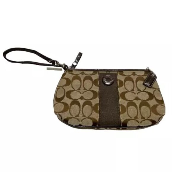Coach Signature Large Stripe Wristlet Pouch Wallet Clutch Khaki Brown Canvas EUC - Picture 1 of 14